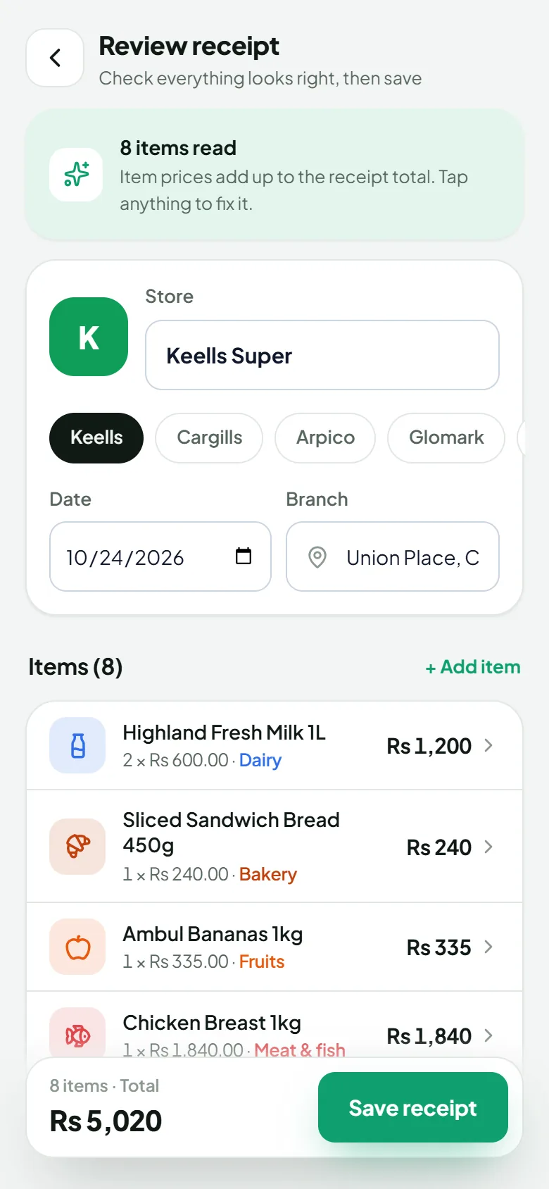 Review screen with store, date, items and prices, and a Save receipt button that stays in view