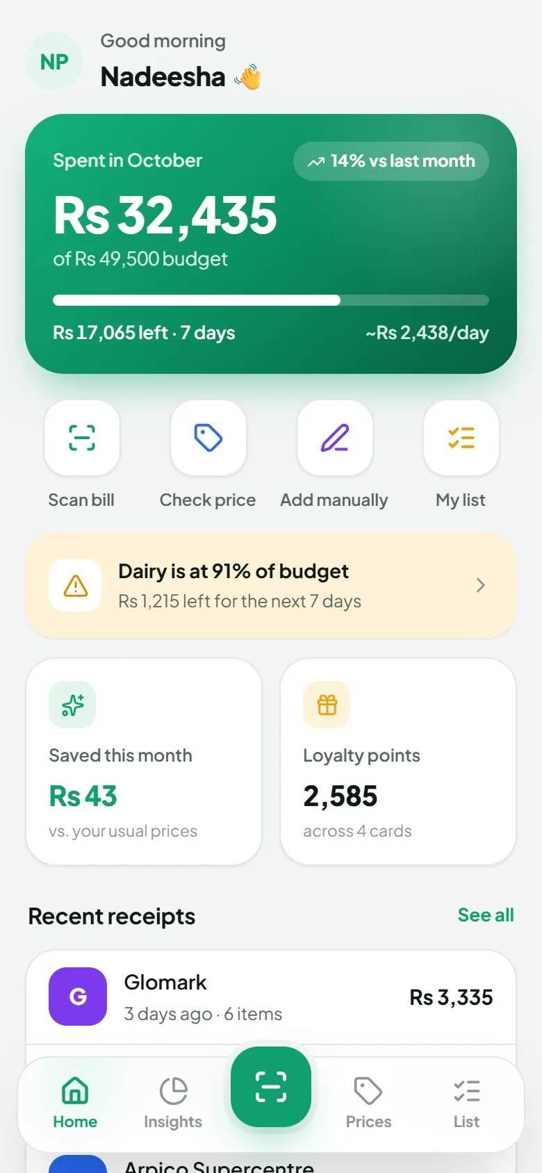 Bill Eka home screen showing spending this month against a budget, a category warning, and quick actions