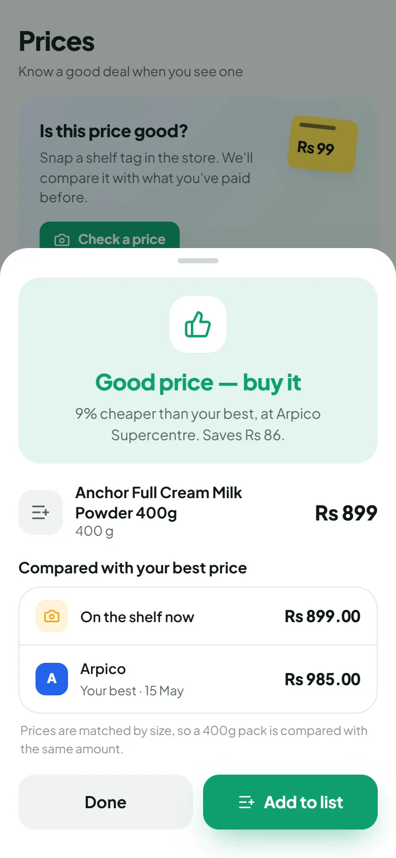 Shelf tag check showing a good price compared with the best past price